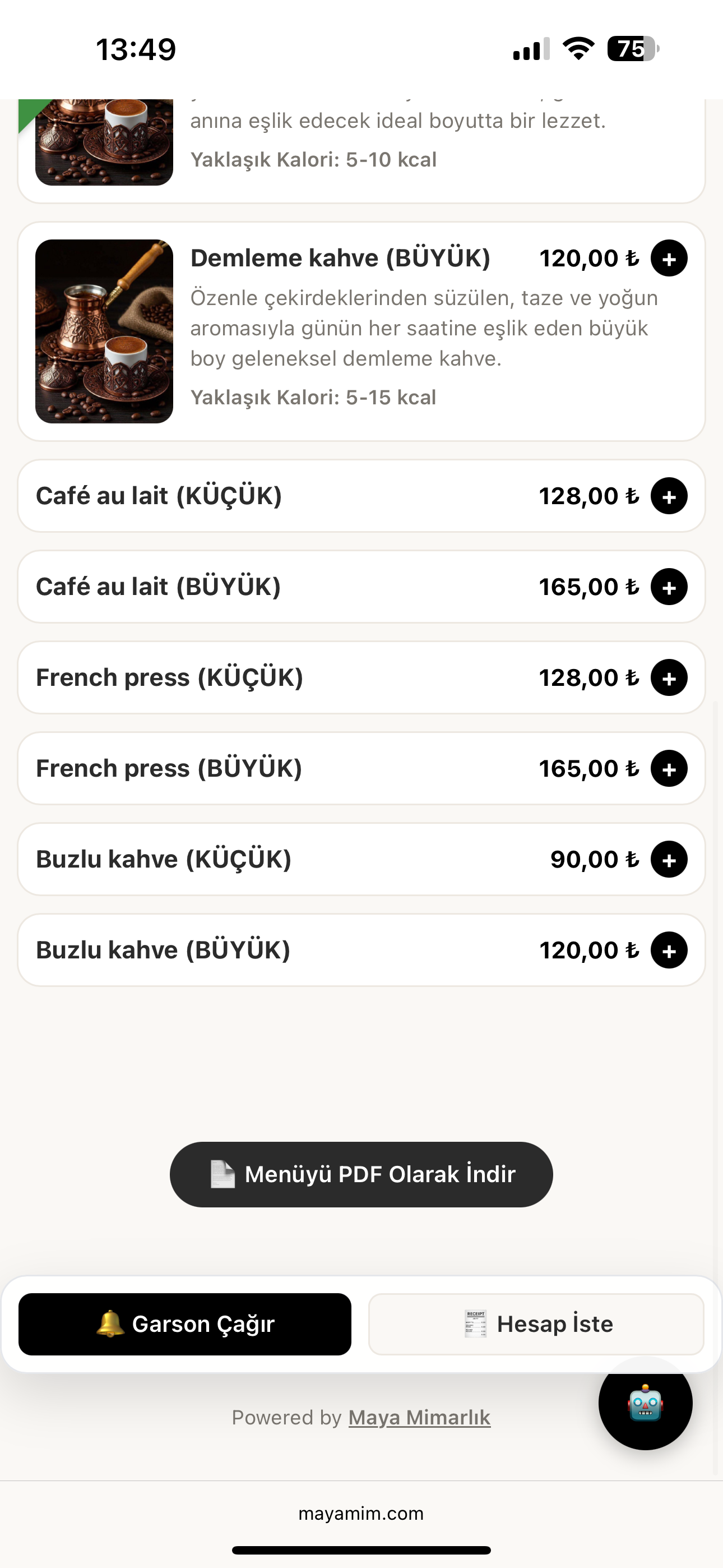 Restalya gerçek QR menü ekranı